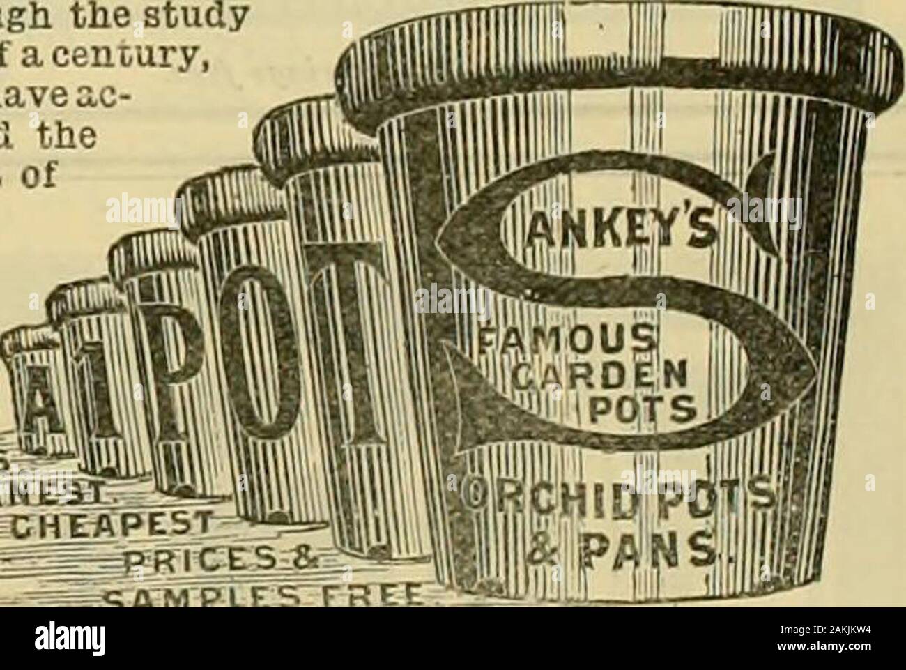 The Gardeners' chronicle : a weekly illustrated journal of horticulture and allied subjects . Through the studyofhalf a century,they have a,c-quired thesecret ofthe proper materials to he mixed with the clay in order to produce a Garden Pot in which all plant life will flourish- This is acknowledged by the trade; and the result is that their Garden Pots are  : used by all successful growers from Aberdeen :^^ to Penzance, also in the Channel Isles, Ireland. New Zealand. &c. No Waiting. Millions in Stock. Press Opinions of Sankeys Famous Garden Pots. A marvelluu^ loutrabt lo tlie onliii irv (i,i Stock Photo