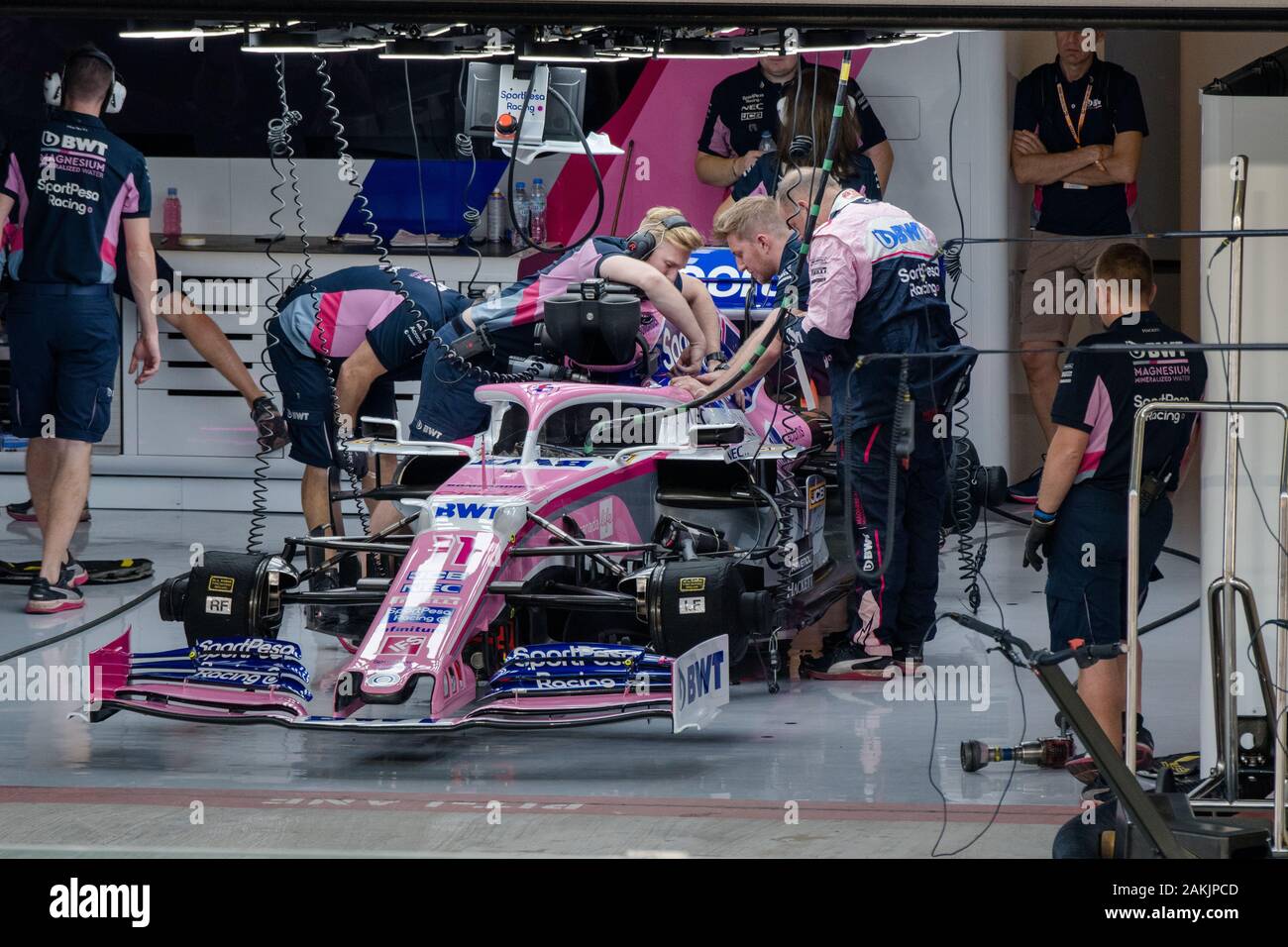 Sergio Perez SportPesa Racing Point team Formula One car in garage at 2019  race in Abu Dhabi Stock Photo - Alamy