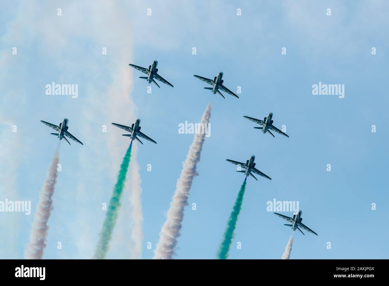 Saudi Hawks: BAE Hawk T1A aircraft of the Royal Saudi Arabian Air Force flying display team in action Stock Photo