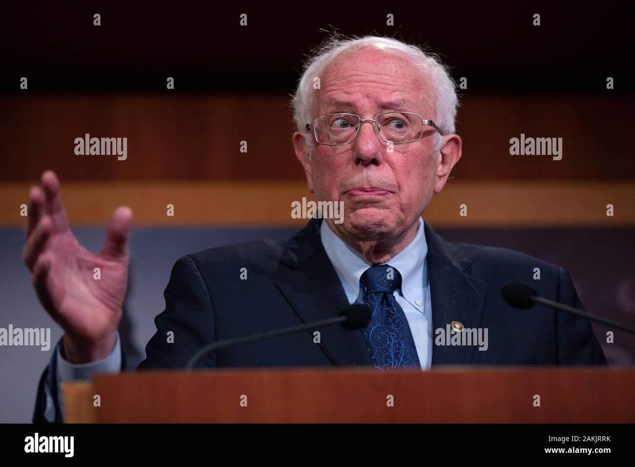 United States Senator Bernie Sanders (Independent of Vermont) delivers remarks alongside United States Representative Ro Khanna (Democrat of California), United States Representative Barbara Lee (Democrat of California), United States Representative Pramila Jayapal (Democrat of Washington), United States Senator Kirsten Gillibrand (Democrat of New York), United States Senator Patrick Leahy (Democrat of Vermont), United States Senator Chris Van Hollen (Democrat of Maryland), and United States Senator Maria Cantwell (Democrat of Washington) during a press conference on Capitol Hill in Washington Stock Photo