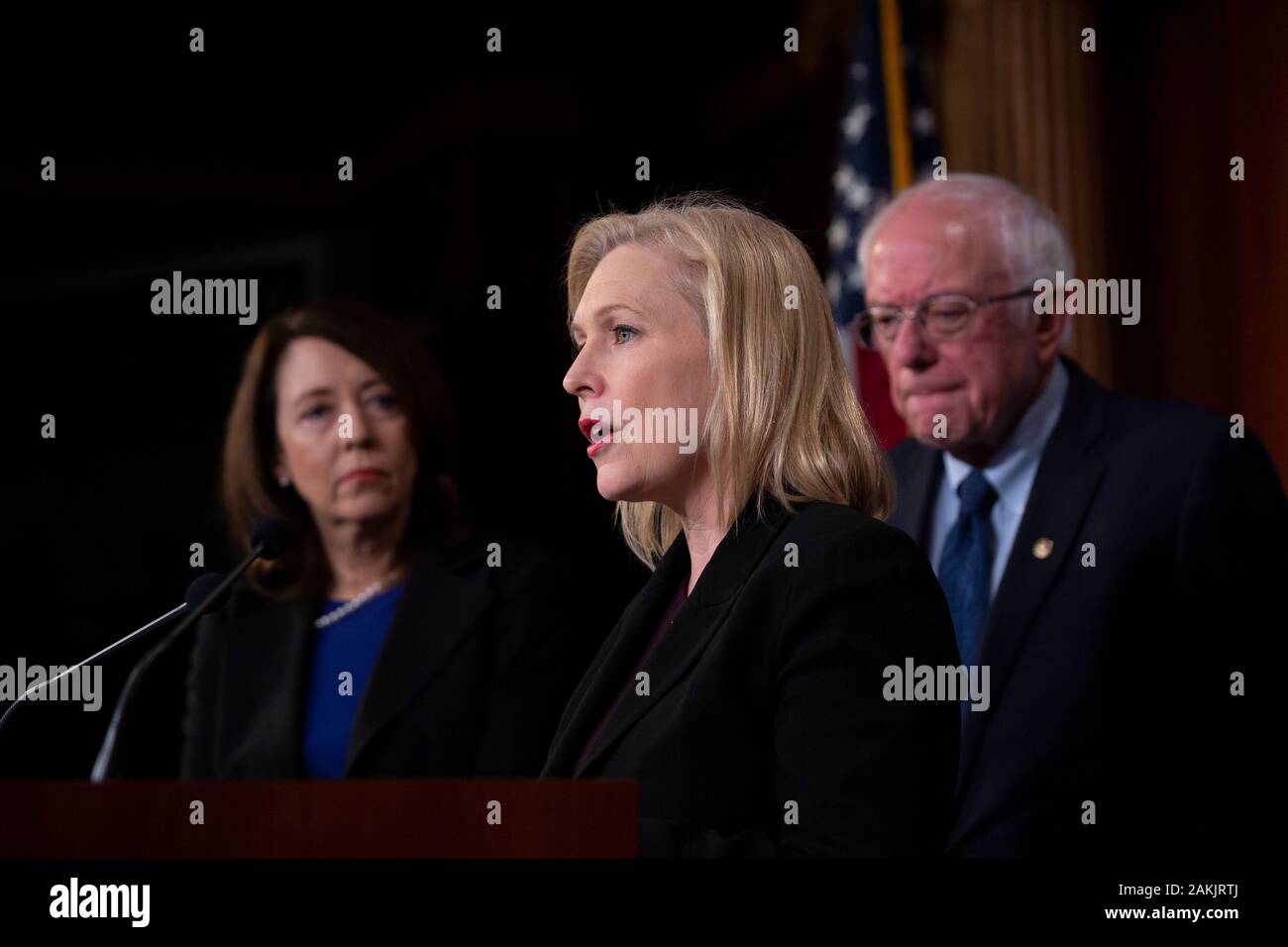 United States Senator Kirsten Gillibrand (Democrat of New York) delivers remarks alongside United States Senator Bernie Sanders (Independent of Vermont), United States Representative Ro Khanna (Democrat of California), United States Representative Barbara Lee (Democrat of California), United States Representative Pramila Jayapal (Democrat of Washington), United States Senator Patrick Leahy (Democrat of Vermont), United States Senator Chris Van Hollen (Democrat of Maryland), and United States Senator Maria Cantwell (Democrat of Washington) during a press conference on Capitol Hill in Washington Stock Photo