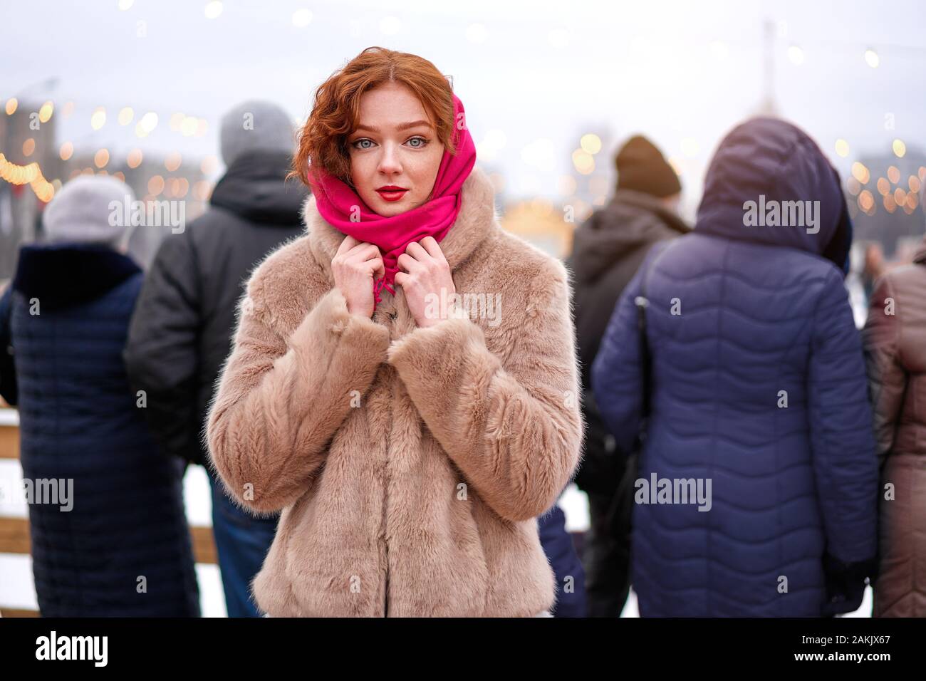 Young Beautiful Redhead Girl Freckles Ice Rink Background Pretty