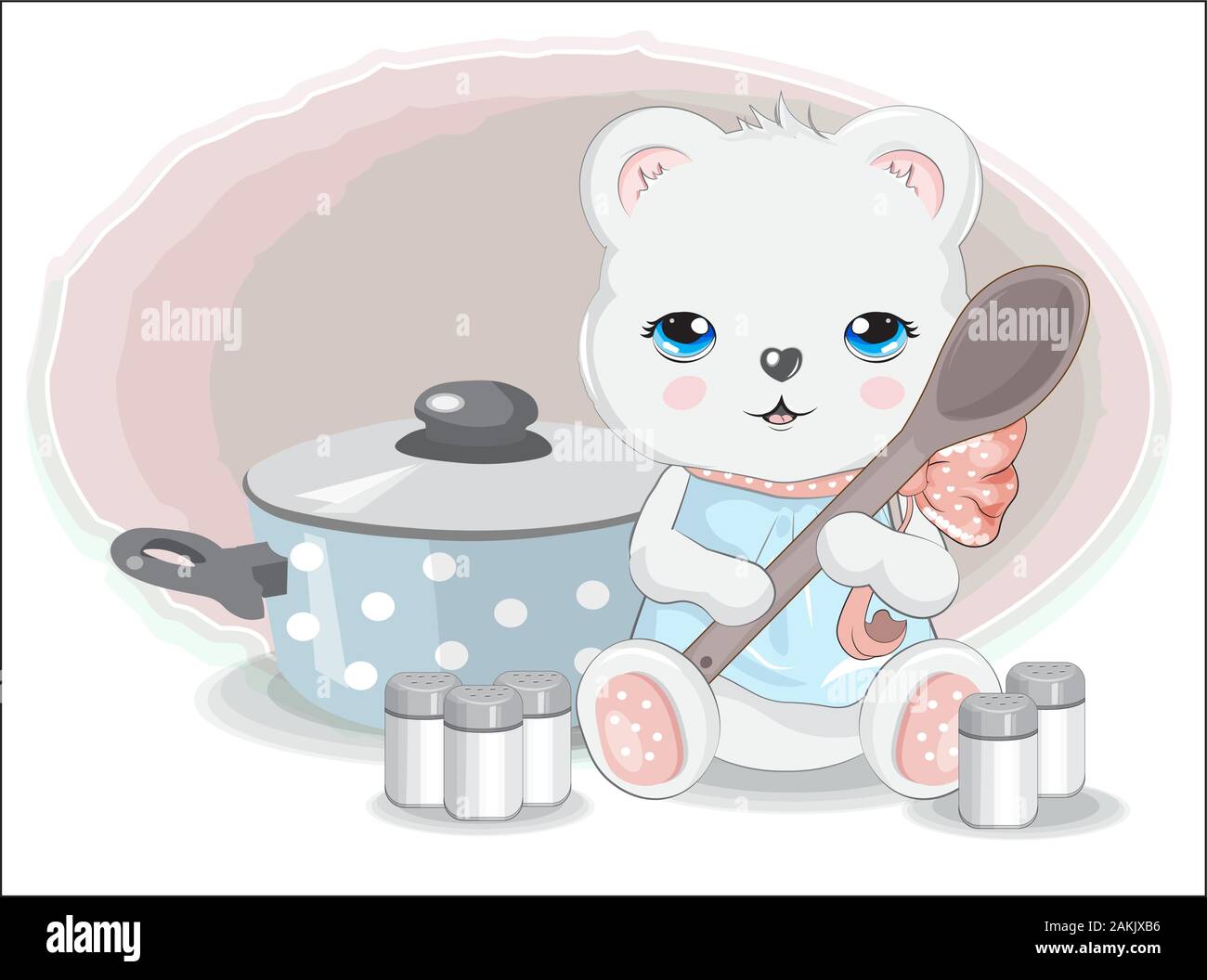 cook Teddy bear with spoon. spices and pan. Picture in hand drawing cartoon style, for t-shirt wear fashion print design, greeting card, postcard. bab Stock Vector