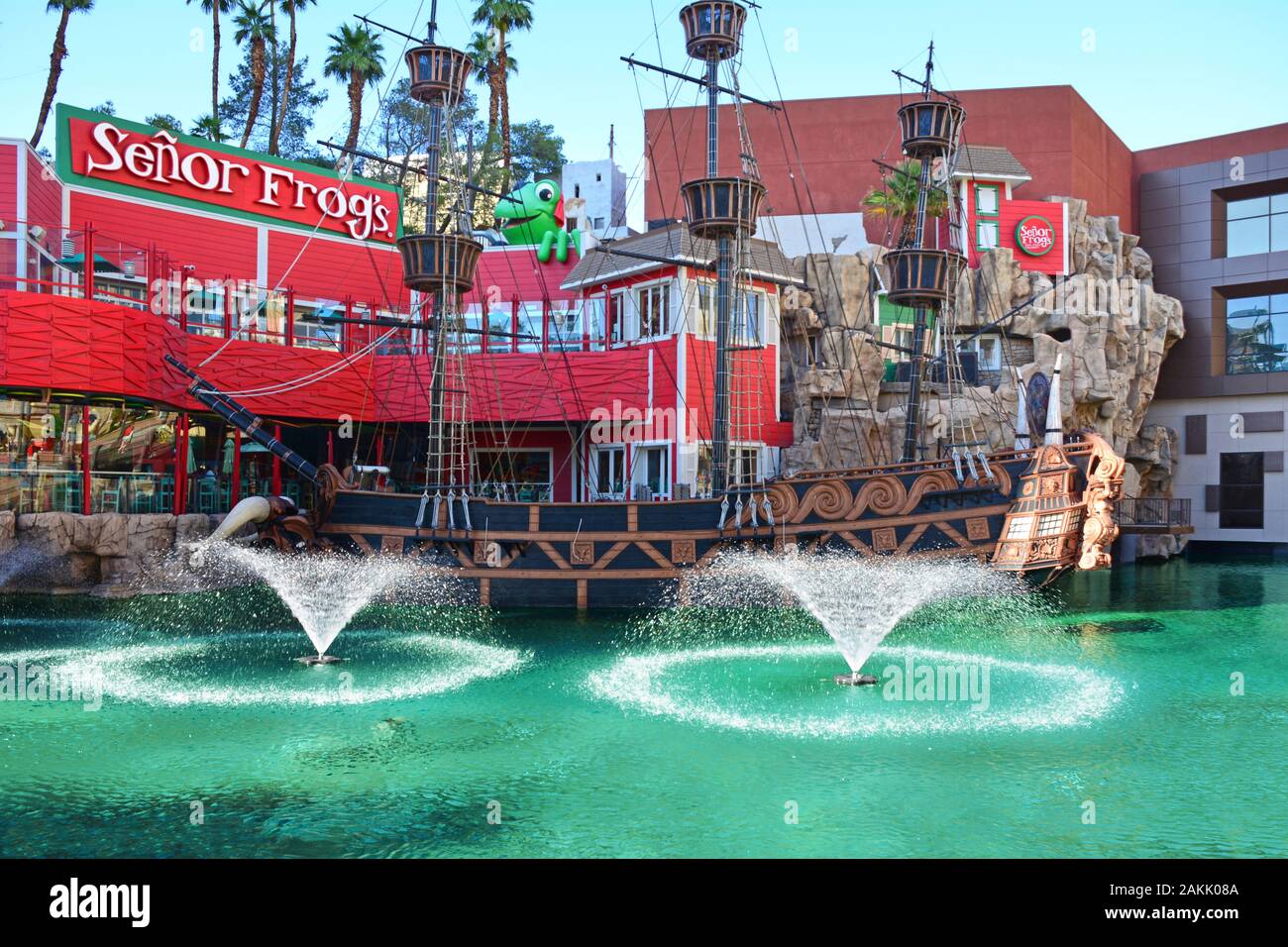 Treasure Island Las Vegas NV, USA 10-21-17 “The Sirens of TI” show was closed on 10- 21-13 and has remained closed since.  Both ships remain in place Stock Photo