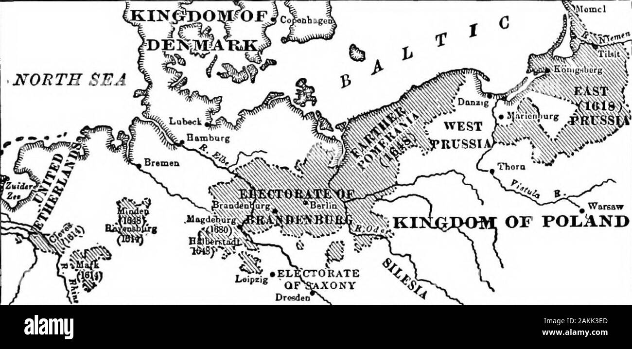 History of Europe, ancient and medieval: Earliest man, the Orient, Greece and Rome . Prussia, whose beginnings we mustnow consider. III. Origin of the Kingdom of Prussia 891. Brandenburg and the HohenzoUerns. The electorateof Brandenburg had figured on the map of Germany for cen-turies, and there was no particular reason to suppose that it wasto become one day the dominant state in Germany and, finally,a great menace to the world. Early in the fifteenth century the Russia and Prussia become European Powers 605 old line of electors had died out, and Emperor Sigismund had soldBrandenburg to a hi Stock Photo