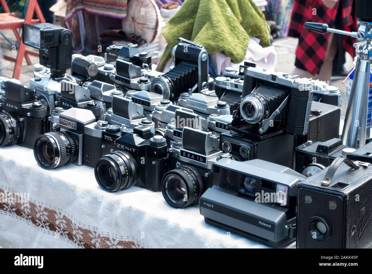 Old analogue photo cameras from Eastern European are offered for sale at a market Stock Photo