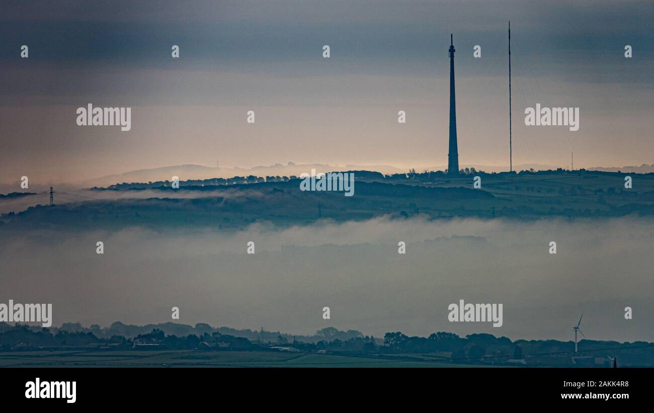 Emley Moor TV transmitter mast taken from Beacon Hill, Bradford, West Yorkshire Stock Photo