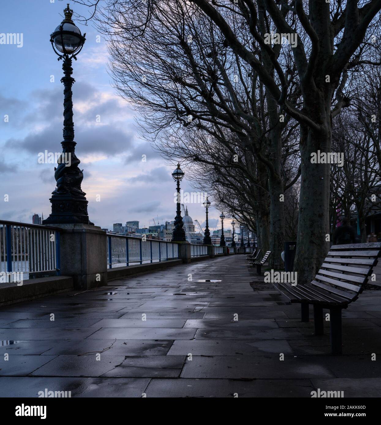 River Thames, London, UK. 9th January 2020. UK Weather: Puddles along the South Bank on a dull and wet January morning. Credit: Celia McMahon/Alamy Live News. Stock Photo