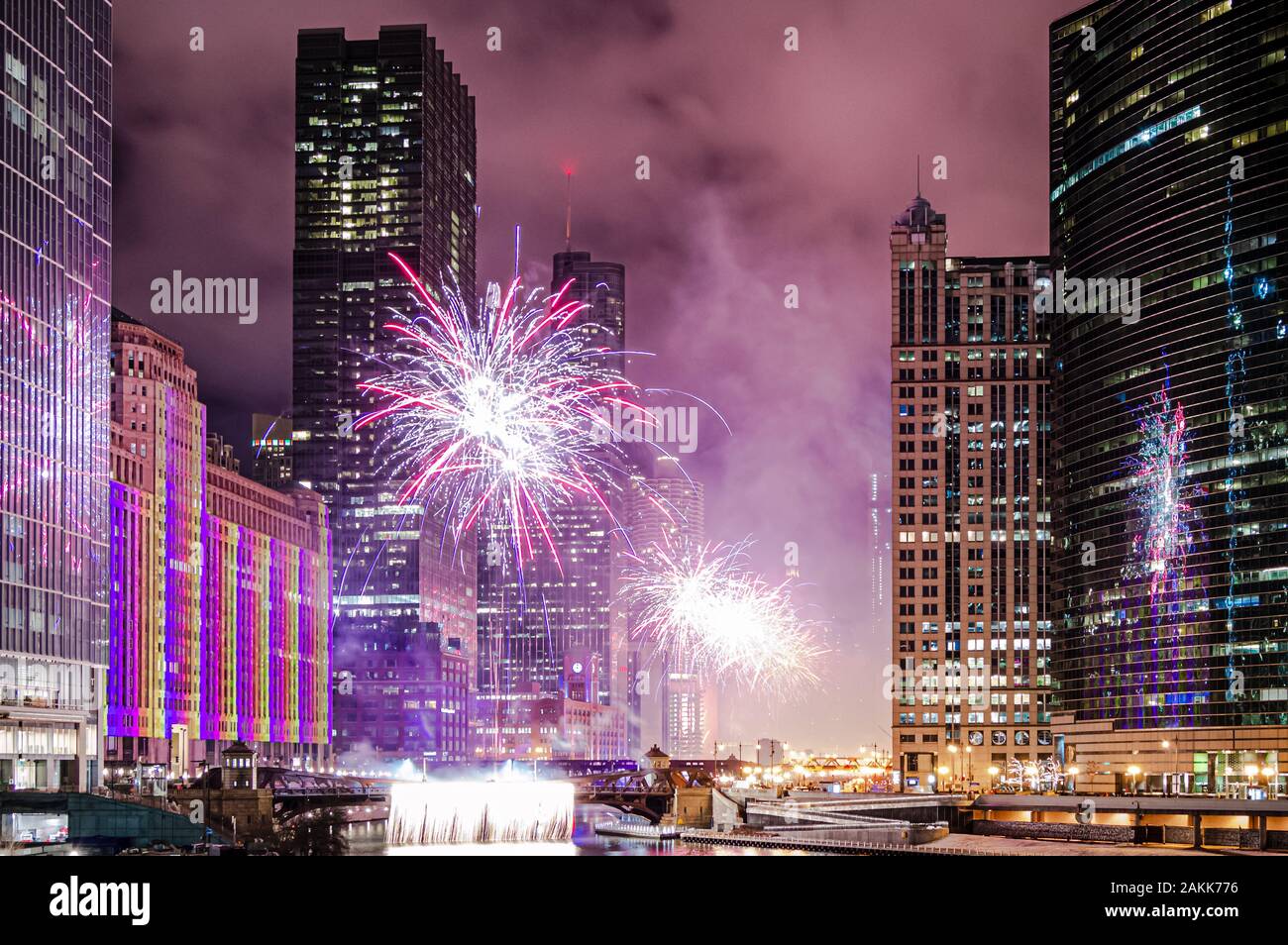 A beautiful fireworks display to celebrate the New Year in Chicago