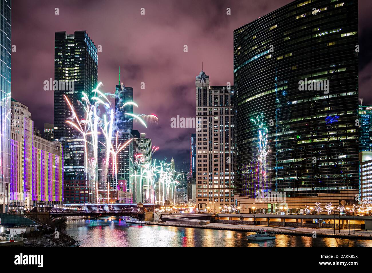 A beautiful fireworks display to celebrate the New Year in Chicago