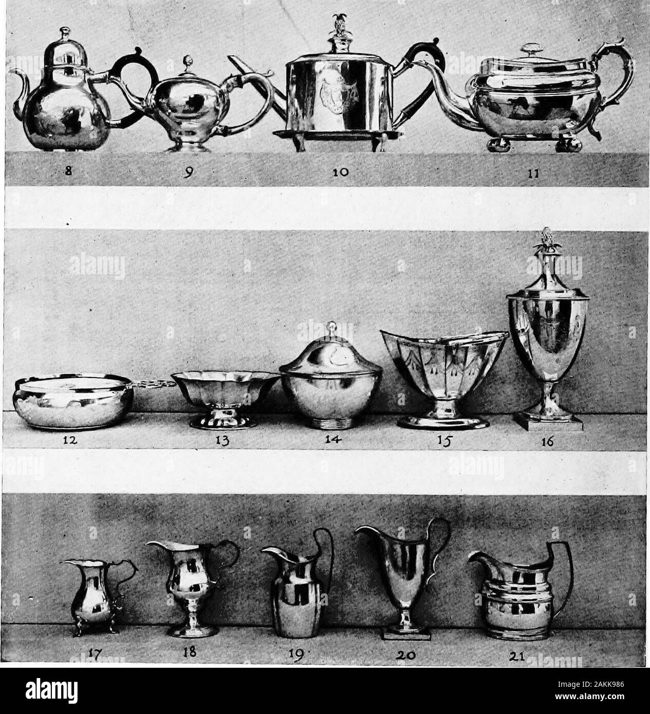 The practical book of early American arts and crafts . CHARACTERISTIC CONTOURS OF FOURTH CHRONOLOGICAL DIVISION c. 1800-C.18301-6, Table-spoons and Tea-spoons, Coffin-headed and Fiddle-headed; 7 and 8,Cream Pitcher and Hot Water Jug; 9, Cup or Can; 10, Moulded Teapot; H, GadroonedOblong Sugar Bowl; 12, Moulded Cream Pitcher; 13, Moulded Oblong Sugar Bowl;14 and 15, Mugs or Cups. CHRONOLOGICAL SEQUENCE OF CHARACTERISTIC CONTOURS1-4, Mugs; 5, Beaker; 6 and 7, Cans; 8-11, Teapots; 12-16, PorriDEer. Bowls and Sugar Bowls- 17-21, Cream Pitchers SILVER; DOMESTIC AND ECCLESIASTICAL 103 at an early da Stock Photo