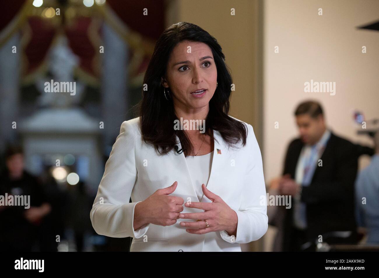 United States Representative Tulsi Gabbard (Democrat of Hawaii) speaks during a television interview at the United States Capitol in Washington D.C., U.S., on Thursday, January 9, 2020. Credit: Stefani Reynolds / CNP | usage worldwide Stock Photo