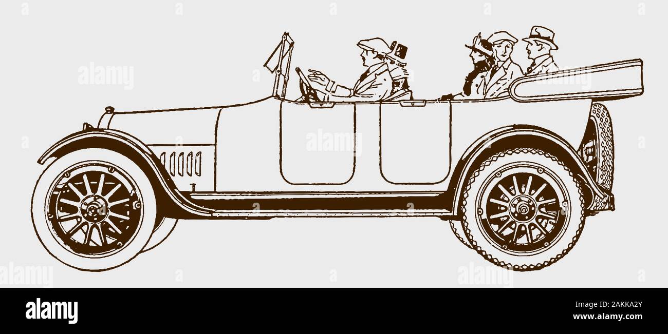 Group of historical people driving in a classic touring car. Illustration after an engraving from the early 20th century Stock Vector