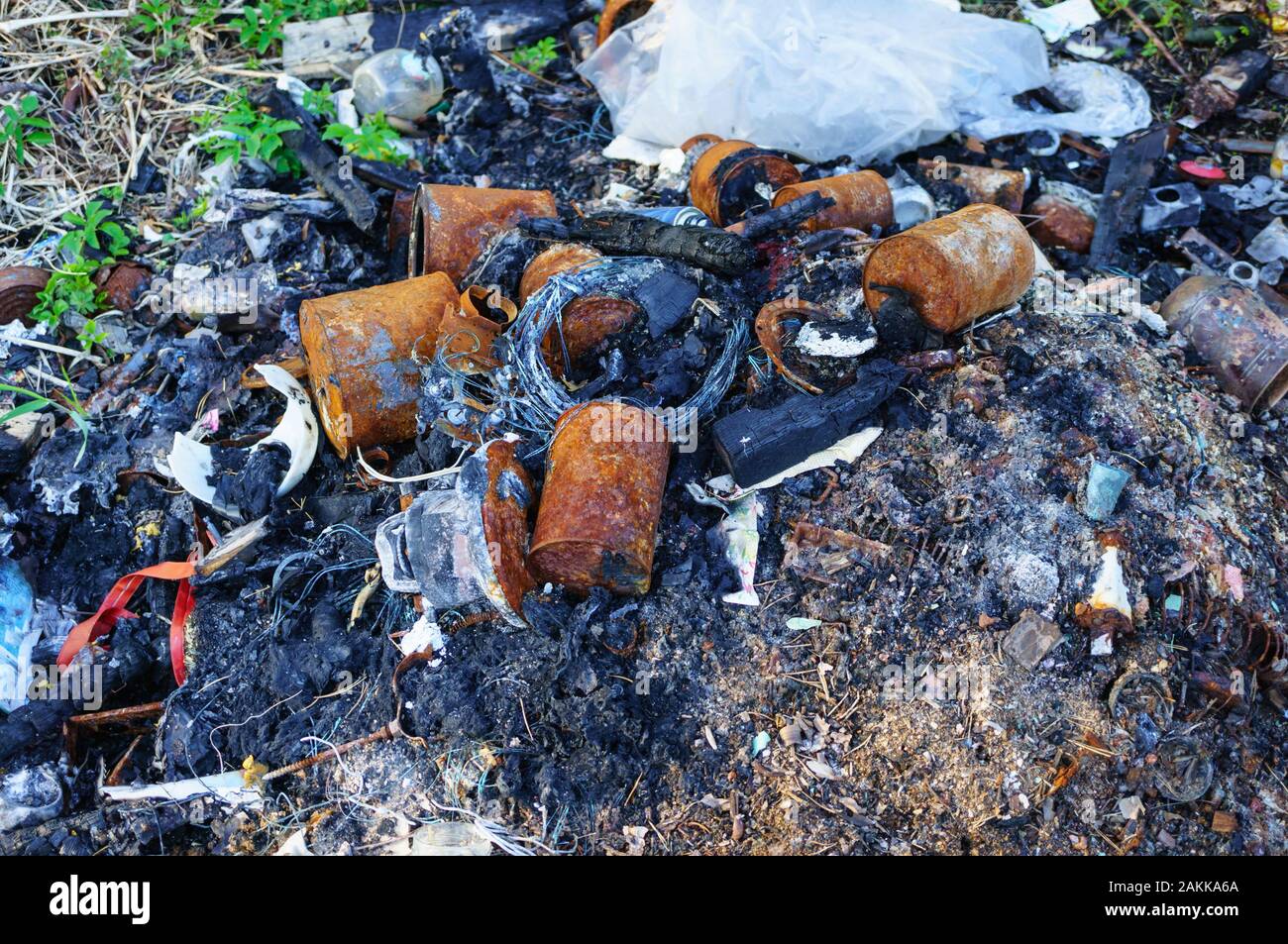 A burnt pile of trash.Environmental pollution. Ecological