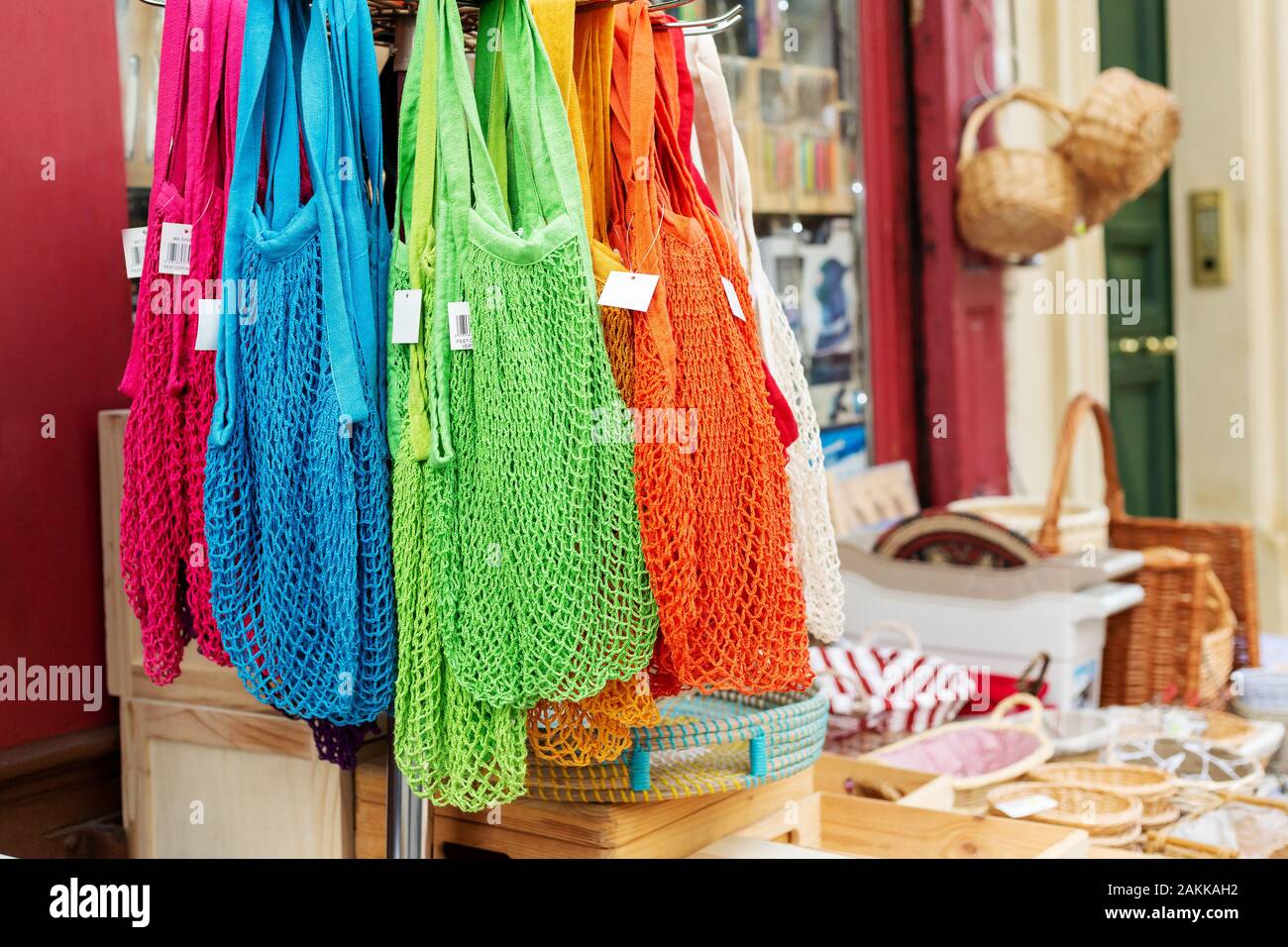 String bags. Store with many different colors string bags, basket. No
