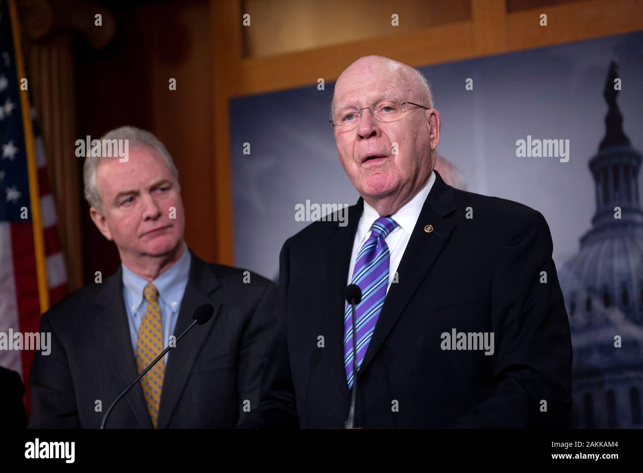 United States Senator Patrick Leahy (Democrat of Vermont) delivers remarks alongside United States Senator Bernie Sanders (Independent of Vermont), United States Representative Ro Khanna (Democrat of California), United States Representative Barbara Lee (Democrat of California), United States Representative Pramila Jayapal (Democrat of Washington), United States Senator Kirsten Gillibrand (Democrat of New York), United States Senator Chris Van Hollen (Democrat of Maryland), and United States Senator Maria Cantwell (Democrat of Washington) during a press conference on Capitol Hill in Washington Stock Photo