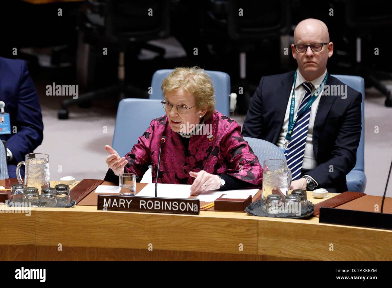 (200109) -- UNITED NATIONS, Jan. 9, 2020 (Xinhua) -- Mary Robinson, Chair of The Elders, addresses a Security Council open debate on the topic of 'maintenance of international peace and security upholding the UN Charter' at the UN headquarters in New York, on Jan. 9, 2020. The United Nations Security Council on Thursday adopted a presidential statement urging all member states to fully comply with the UN Charter while recognizing the critical importance of the Charter to the maintenance of international peace and security. (Xinhua/Li Muzi) Stock Photo