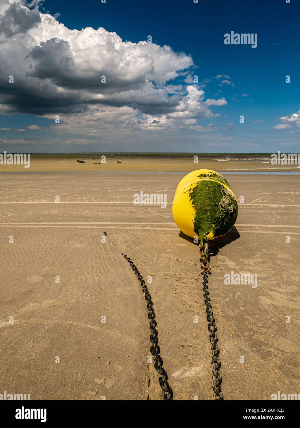 Yellow buoy covered with algae tied at the beach waiting for the next high tide Stock Photo