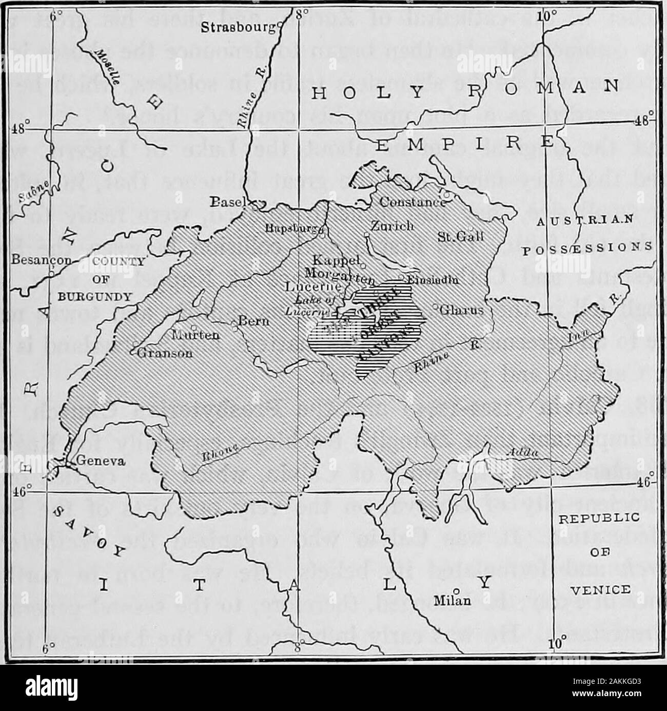 History of Europe, ancient and medieval: Earliest man, the Orient, Greece and Rome . e shores of the winding Lake ofLucern formed a union to protect their liberties against theencroachments of their neighbors, the Hapsburgs (§715)- I*was about this tiny nucleus that Switzerland gradually consoli-dated. Lucern and the free towns of Zurich and Bern soonjoined the Swiss league. By brave fighting the Swiss were able tofrustrate the renewed efforts of the Hapsburgs to subjugate them. Various districts in the neighborhood joined the Swiss unionin succession, and even the region lying on the Italian Stock Photo