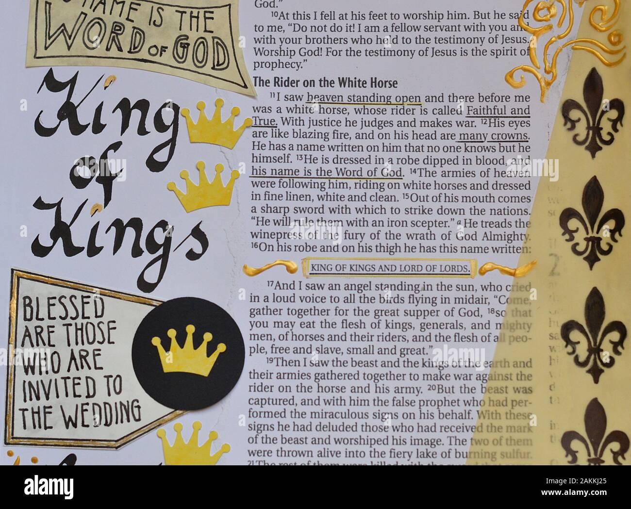 Bible art journaling about the King of Kings in the book of revelation Stock Photo
