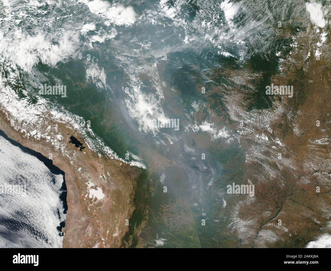 Satellite image from 21 August 2019 showing the widespread fires in the Amazon basin Stock Photo