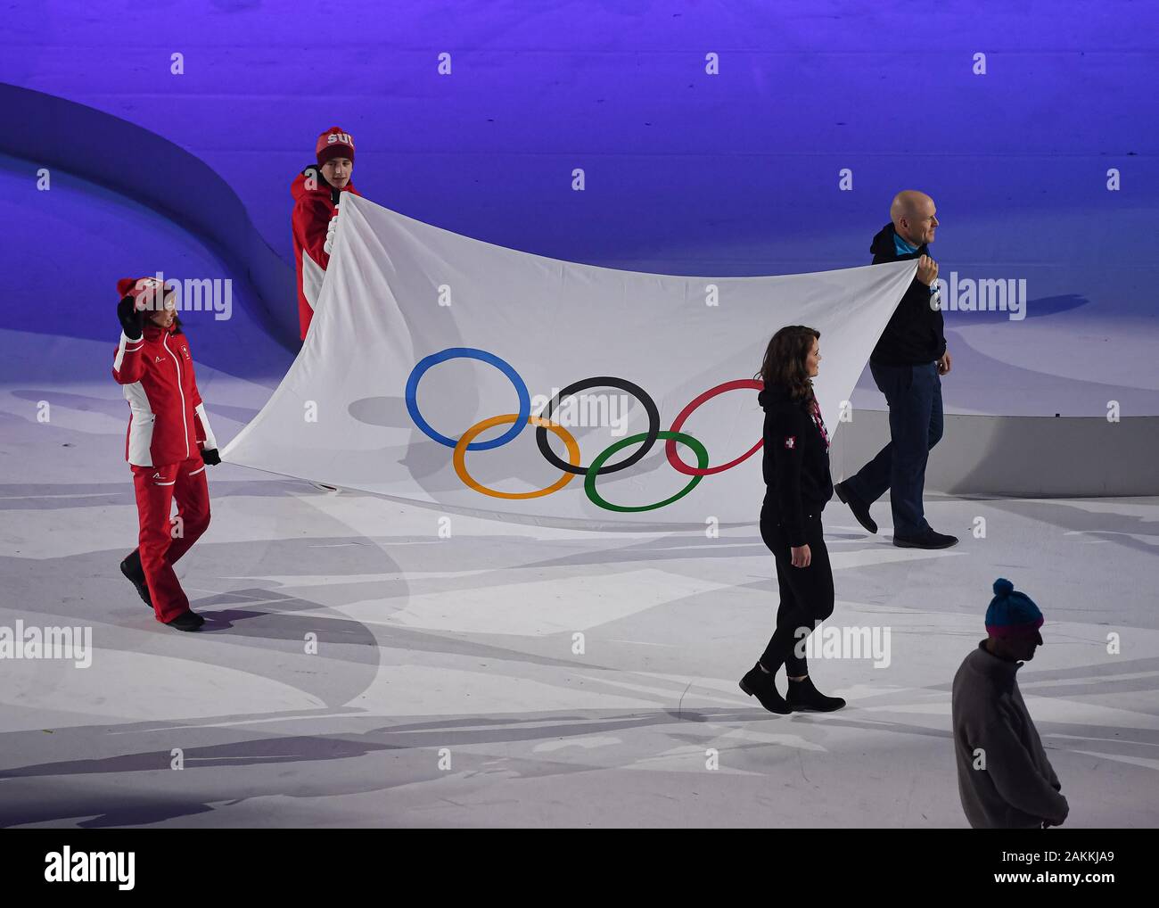 LAUSANNE, SWITZERLAND. 09th, Jan 2020. Switzerland national athletes carried the the Olympic flag during Opening Ceremony of the Lausanne 2020 Youth Olympic Games at Vaudoise Arena on Thursday, 09 January 2020. LAUSANNE, SWITZERLAND. Credit: Taka G Wu/Alamy Live News Stock Photo