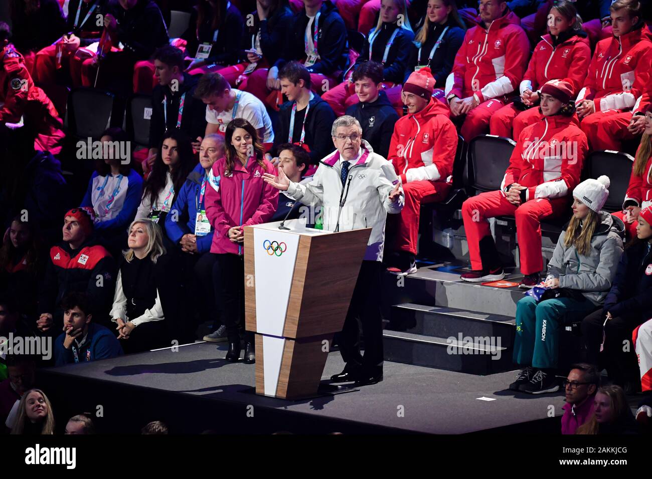 LAUSANNE, SWITZERLAND. 09th, Jan 2020. IOC President give speech during Opening Ceremony of the Lausanne 2020 Youth Olympic Games at Vaudoise Arena on Thursday, 09 January 2020. LAUSANNE, SWITZERLAND. Credit: Taka G Wu/Alamy Live News Stock Photo