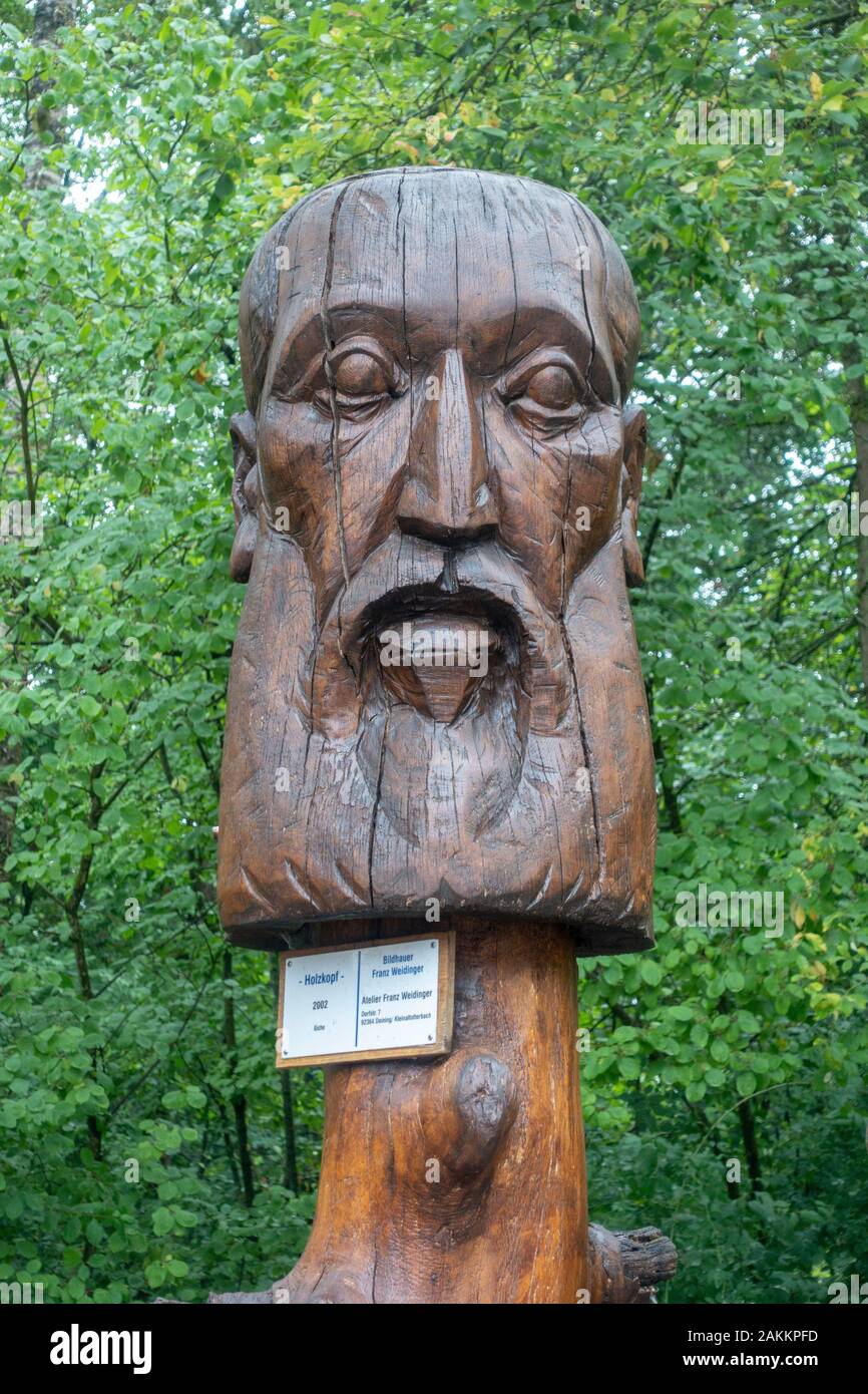 'Holzkopf' totem pole by Franz Weidinger in Wildpark an den Eichen (Game park at the oaks), Schweinfurt, Bavaria, Germany. Stock Photo