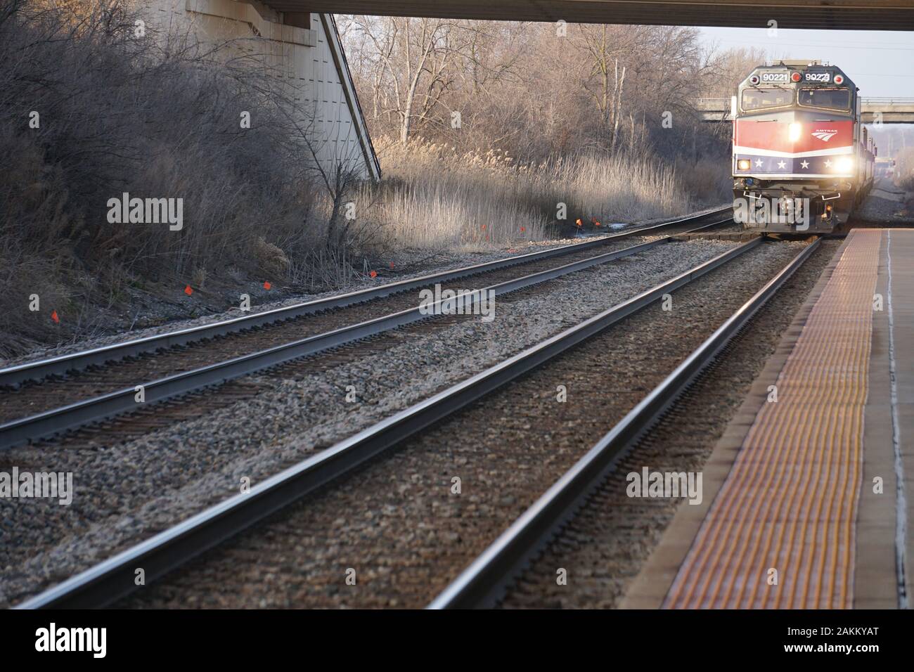 Amtrak train arrives at Milwaukee Airport. The Hiawatha Service takes passengers between Downtown Milwaukee and Chicago. Stock Photo