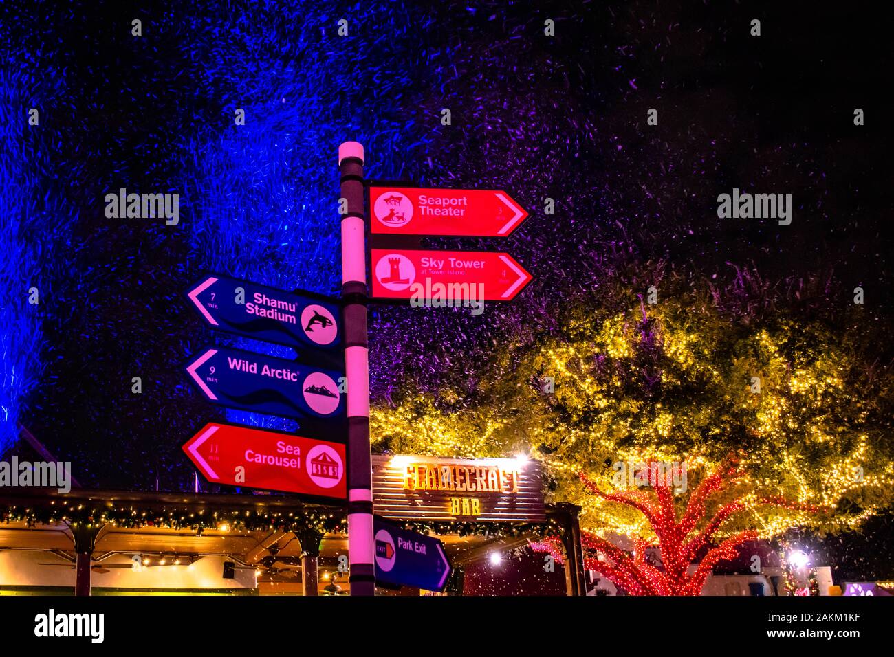 Orlando, Florida. December 30, 2019. Artificial snow and colorful sign attractions at Seaworld