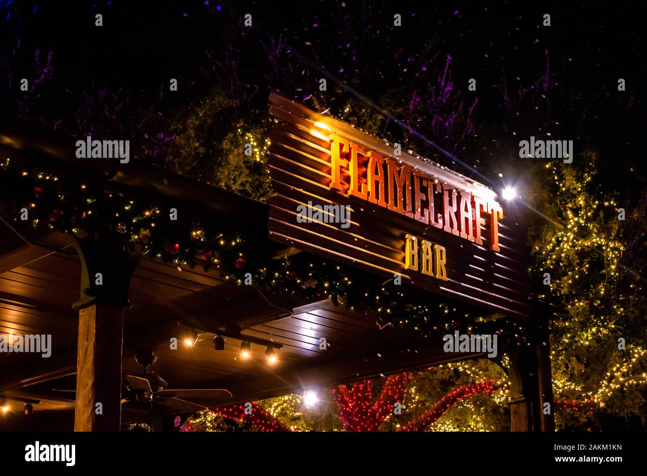 Orlando, Florida. December 30, 2019. Artificial snow and Flamecraft Bar sign at Seaworld Stock