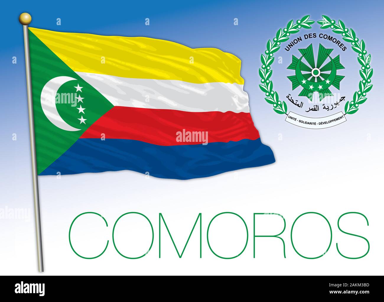 Comoros islands community official flag and coat of arms, vector illustration Stock Vector