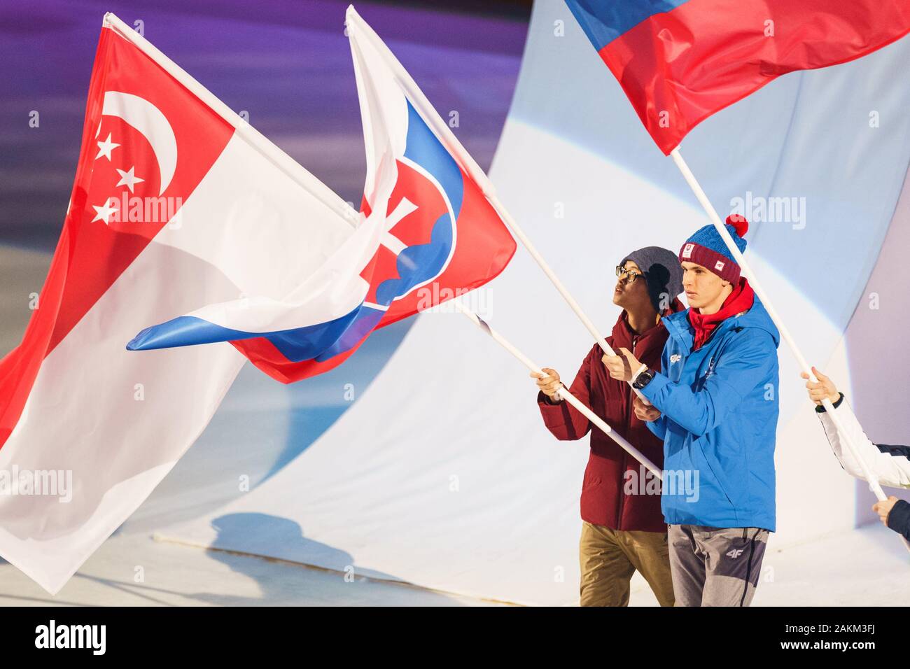 Lausanne, Schweiz. 09th Jan, 2020. Matthew Hamnett (Singapore/Ice Hockey 3on3) and Matus Cernek (Slovakia/Ski) at the Youth Winter Olympic Games 2020 that took place at Vaudoise Arena in Lausanne, Switzerland on January 9th 2020. Credit: SPP Sport Press Photo. /Alamy Live News Stock Photo