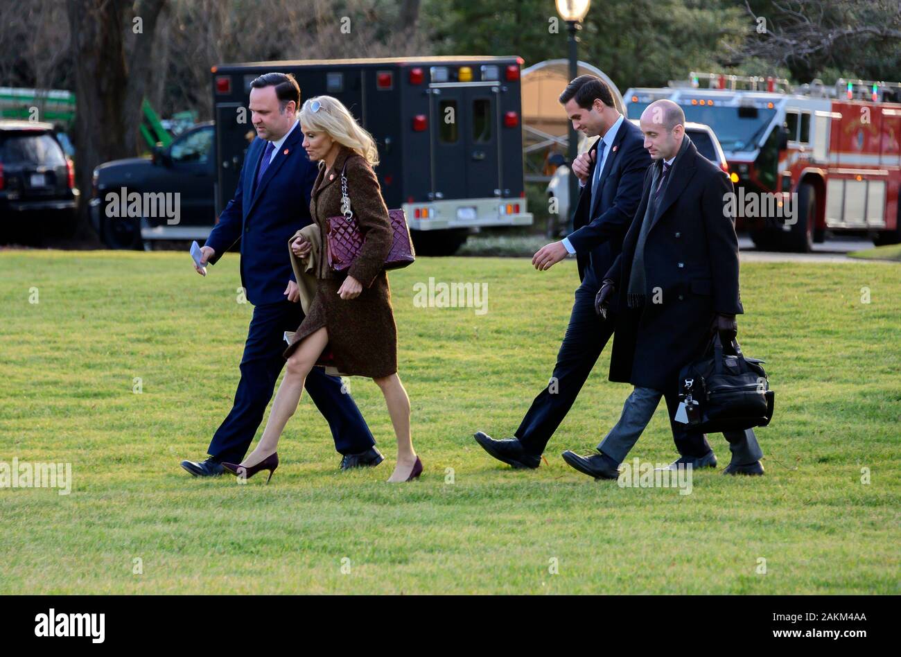 From left to right: White House Director of Social Media Dan Scavino, Senior Counselor Kellyanne Conway, aide John McEntee, and Senior Advisor for Policy Stephen Miller follow United States President Donald J. Trump to Marine One as he departs the White House in Washington, DC en route to Toledo, Ohio to deliver remarks at a Keep America Great Rally on Thursday, January 9, 2020. Credit: Ron Sachs/CNP | usage worldwide Stock Photo