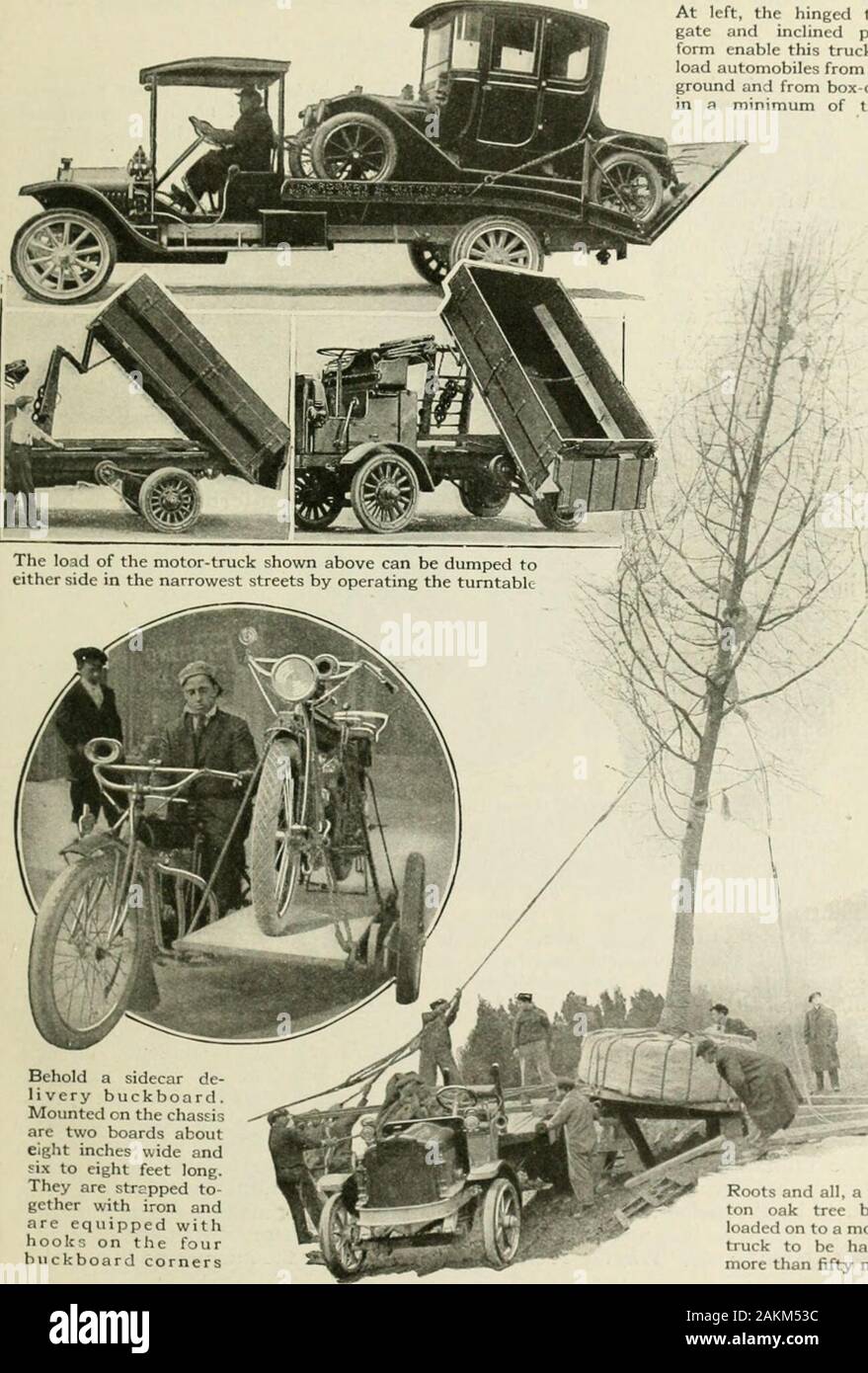Popular science monthly . 188 and in Their Accessories At left, the hinged tail-gate and indincd plat-form enable this truck toload automobiles from theground and from box-carsin a minimum of time. Behold a sidecar de-livery buckboard.Mounted on the chasEisare two boards abouteight inches wide andsix to eight feet long.They are stropped to-gether with iron andare equipped withhook?; on the fourbuckboard corners Roots and all, a five-ton oak tree beingloaded on to a motor-truck to be hauledmore than fifty miles 189 If We Had Eyes Like Microscopes By Edward F. Bigelow CERTAIN writers, chiefly De Stock Photo