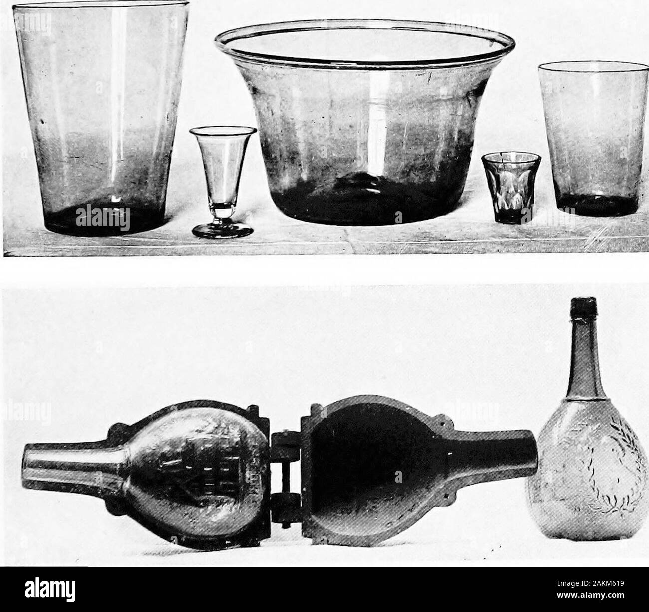The practical book of early American arts and crafts . 1 and 2 Green Glass Saucer and Milk Bowl, New Jersey, Early Eighteenth Century 3-7 Tumblers, Wine Glasses and Milk Bowl, Eighteenth and Early Nineteenth Centuries Courtesy of Pennsylvania Museum and School of Industrial Art 8 and 9, Bottle Mould and Moulded Bottle, Early Nineteenth Century Courtesy of Pennsylvania Museum and School of Industrial Art Stock Photo