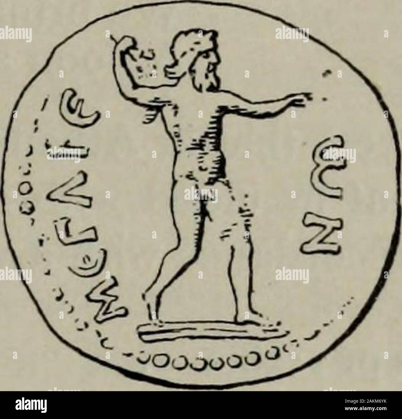 Zeus : a study in ancient religion . Fig. 959. Fig. 960. thunderbolt and eagle (Imhoof-Blumer and P. Gardner op. cit. i. 5 pi. a, 4 = my fig. 960,Head Hist, numi^ p. 394), in which—since the god sometimes has a base—we mustrecognise another statue (cp. Paus. i. 40. 6 Aios Kofiof in a context cited supra p. 257n. 4, Paus. I. 43. 6 koX iv t relxovs&lt;jvv6vT€s eoprd^ovcLv (a paraphrase of Thouk. i. 126 cited supra p. 1138 n. 2) = Favorin.lex. p. 492, 36 f. ^ See A. N. Skias in the UpaKT. dpx- €t. 1893 pi. A. The Ilissos-site is highly probable, but not absolutely certain; for the Kephisos-site(W Stock Photo
