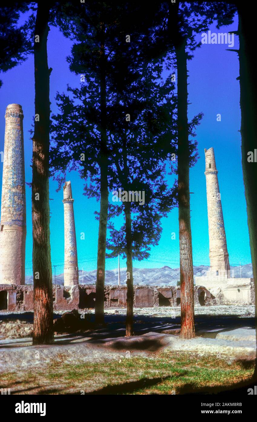 Minarets of the Musalla complex at Herat, Afghanistan, in 1974. The minarets and the complex were built by Queen Gawhar Shad in 1417. Stock Photo
