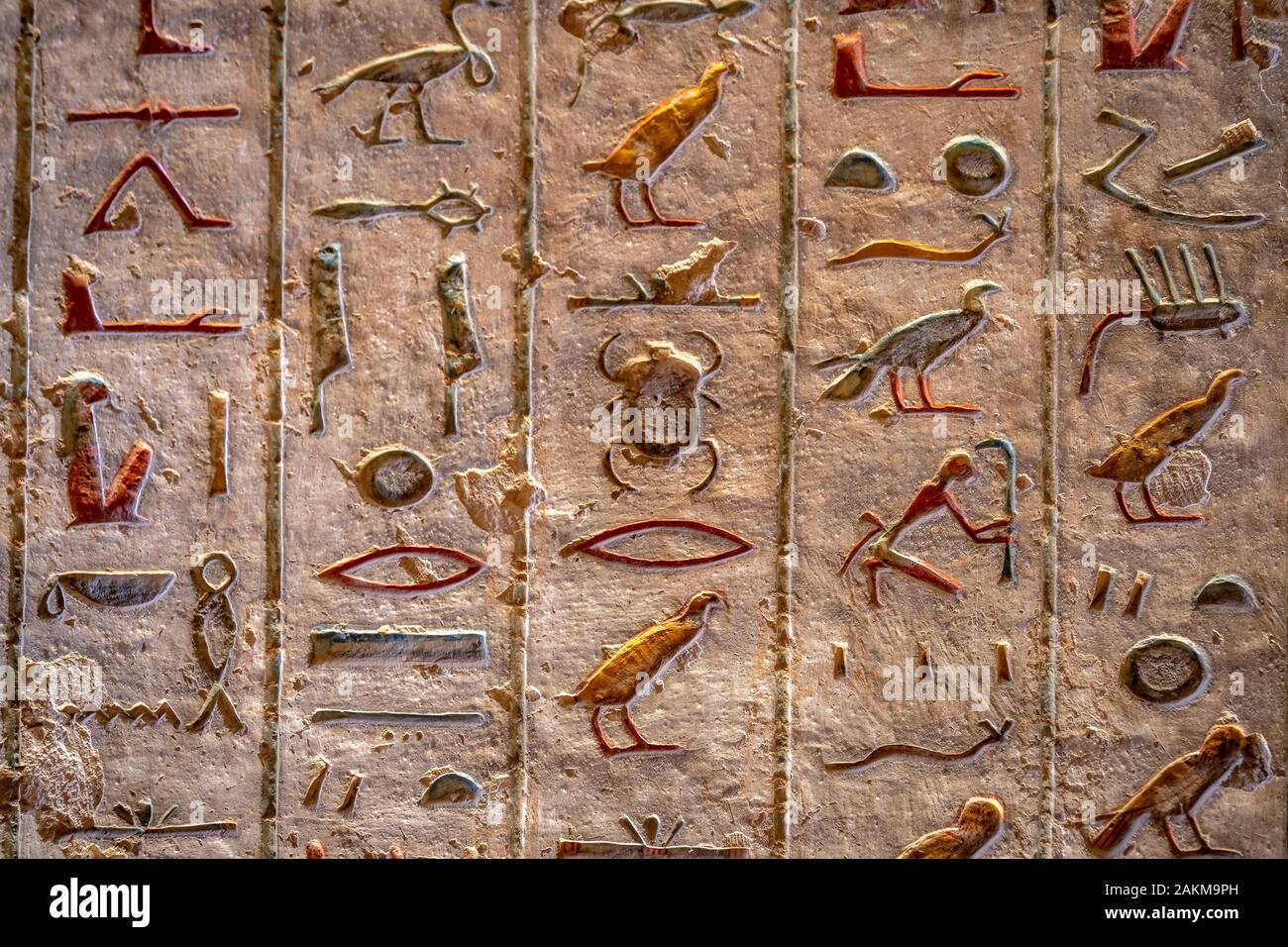 Hieroglyphs on walls in tombs in the Valley of Kings in Luxor, Egypt Stock Photo