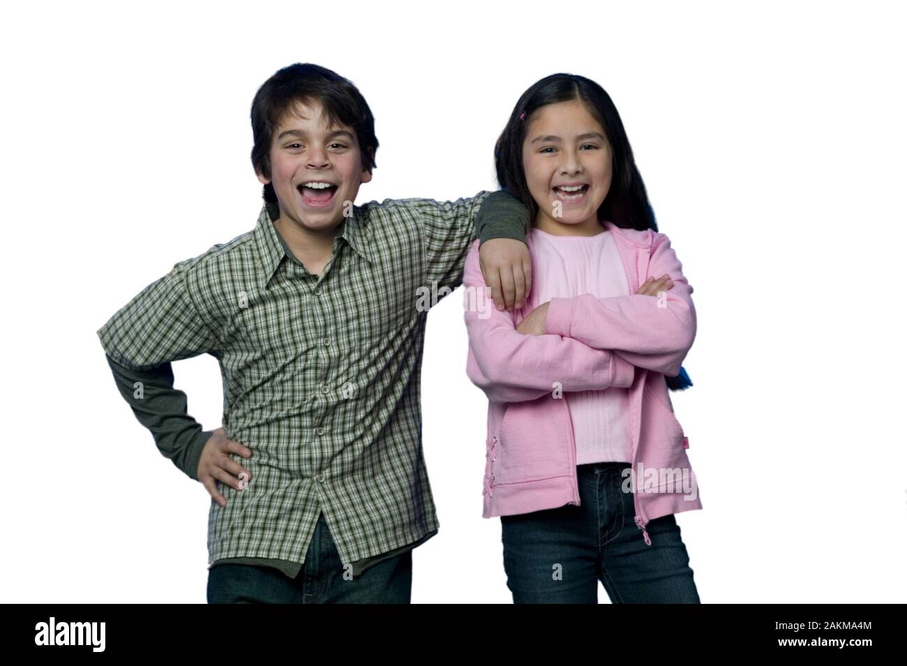 Young Caucasian boy and girl best friends portrait on a white background Stock Photo