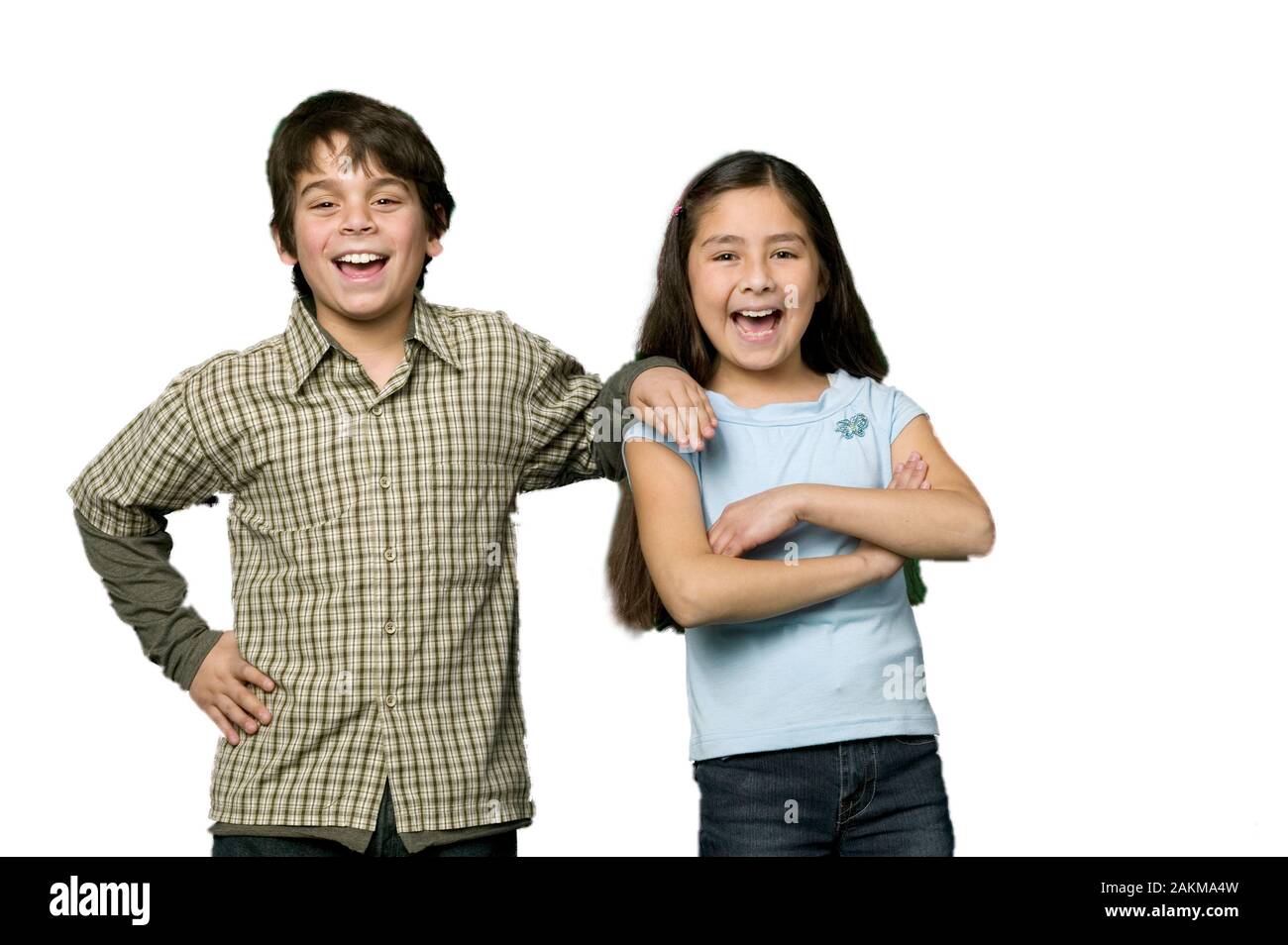 Young Caucasian boy and girl best friends portrait on a white background Stock Photo