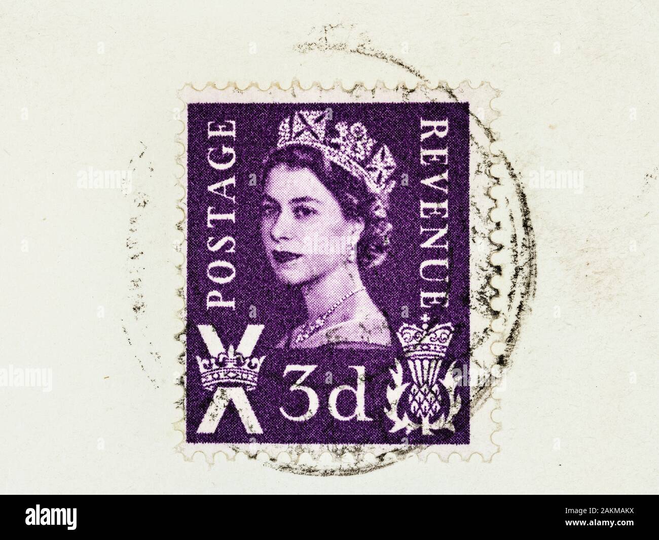 3d Scotland, UK, Postage Stamp on envelope with cancel mark. Stock Photo