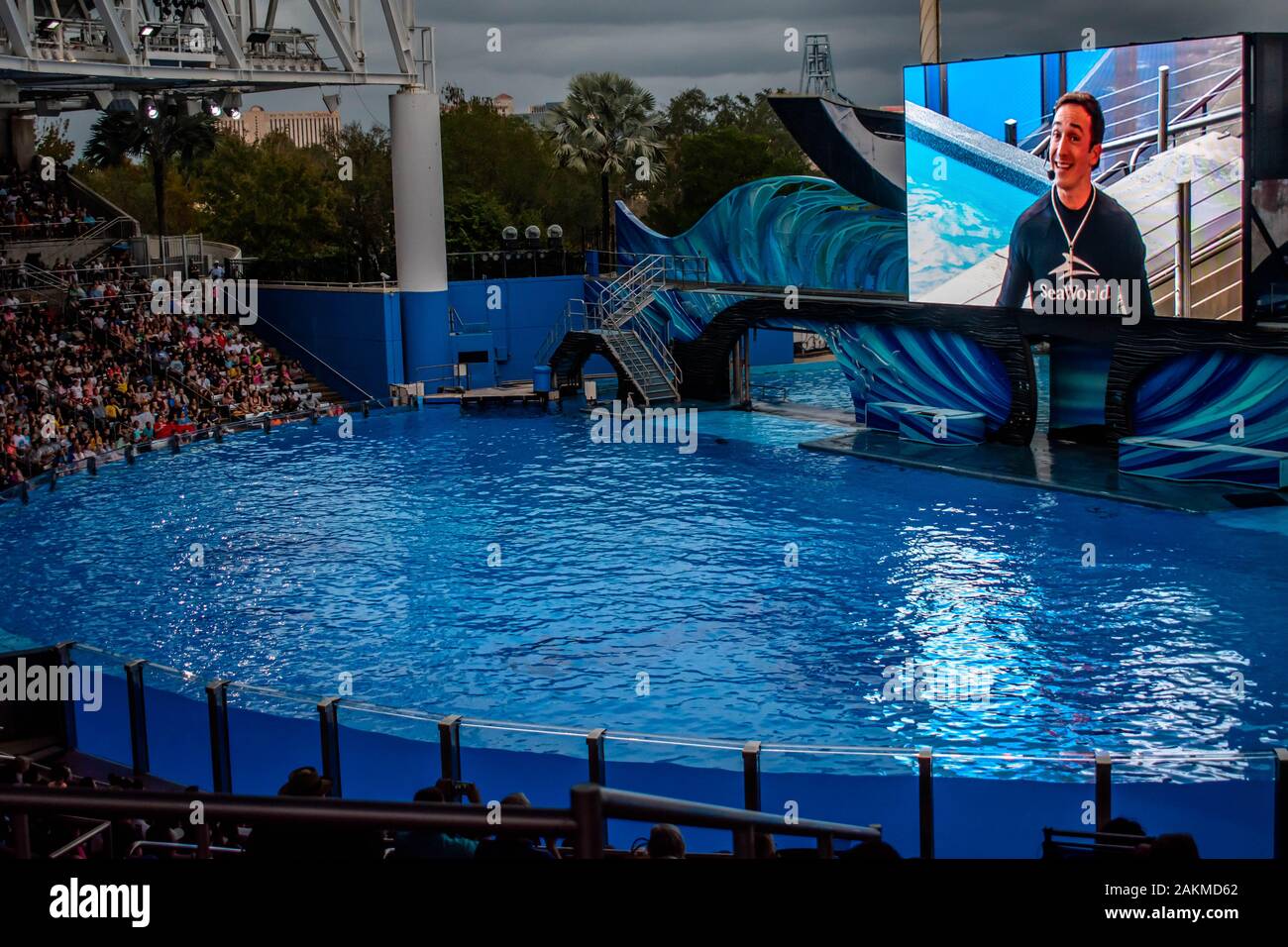 Orlando, Florida. December 30, 2019. Trainer speaking in Orca Encounter Show at Seaworld Stock Photo