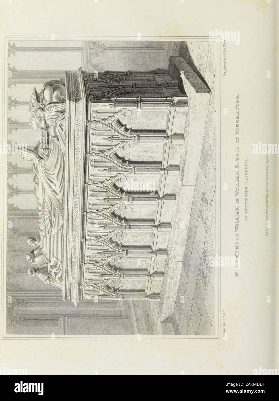 The monumental remains of noble and eminent persons : comprising the sepulchral antiquities of Great Britain . putting them in execution, that he might have the satis-faction of seeing the beneficial effects of them; and that, byconstant observation, and due experience, he might, from timeto time, improve and perfect them, so as to render them yetmore beneficial. The monument of the illustrious prelate, of whom we havenow been treating, stands on the South side of the nave ofWinchester Cathedral, under an arch dividing it from the sideaisle, and within a chapel of open work, which altogether f Stock Photo