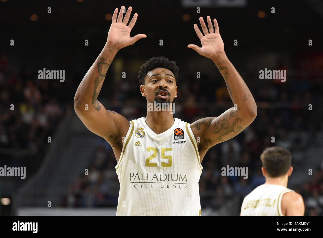 Jordan Mickey, #25 of Real Madrid seen in action during the 2019/2020  Turkish Airlines Euro League Regular Season Round 18 game between Real  Madrid and Zalgiris Kauna at WiZink center in Madrid.(Final