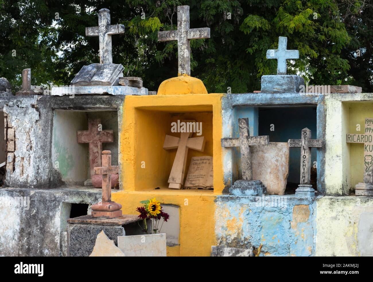 Colorful Tombs at a cemetery in the little Mayan village of Dzitya