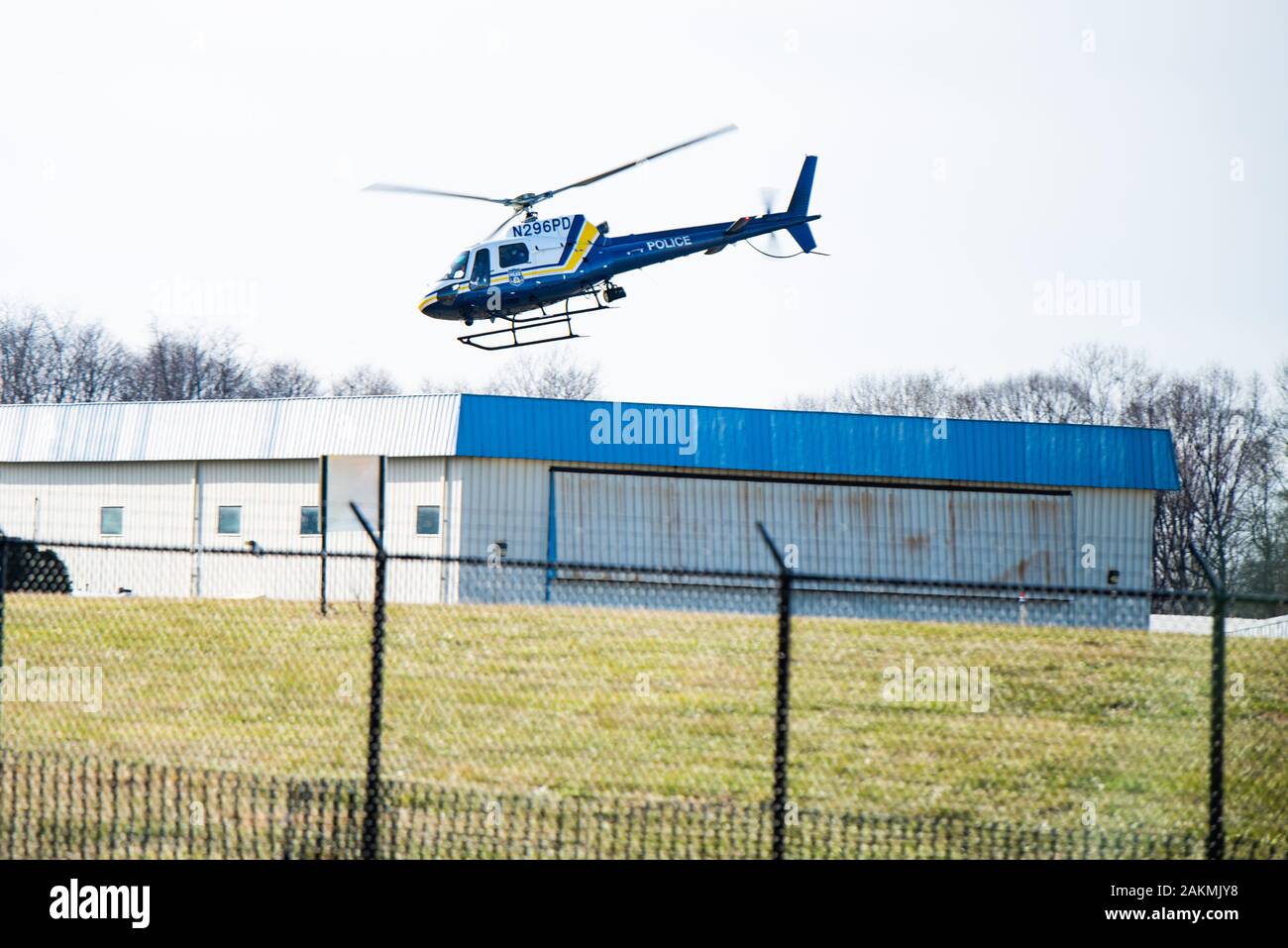 Philadelphia PA / USA. A police helicopter takes off from Northeast Philadelphia airport. January 09, 2020. Credit: Chris Baker Evens. Stock Photo