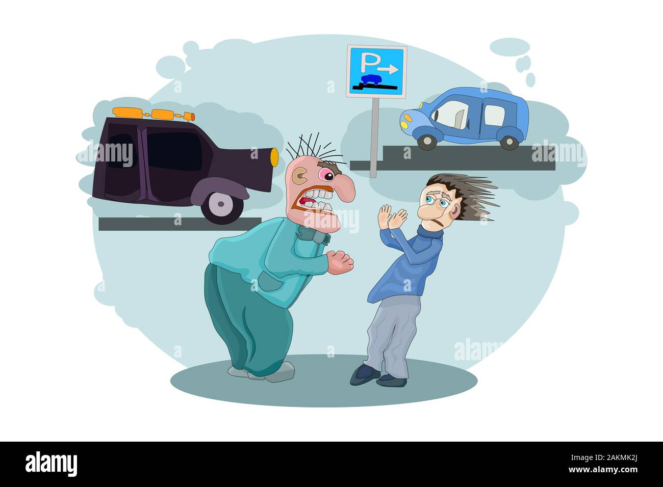 Anger concept. Angry driver shouting on owner other automobile. Man screaming loudly. Emotional driver in rage. Conflict between drivers. Flat vector Stock Vector