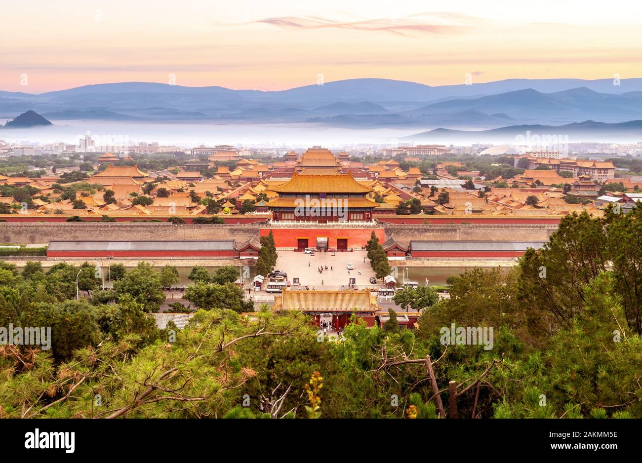 Jingshan Park,panorama above on the Forbidden City, Beijing. China.Chinese translation of the inscription - 'Gate of Godly Prowess' Stock Photo