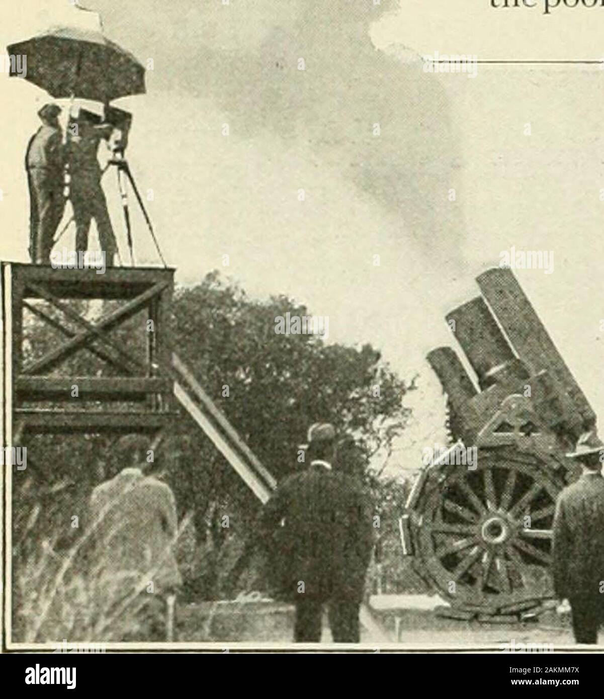 Popular science monthly . attempt in imitating the 12-inch siegehowitzers employed by the Germans.The huge guns are constructed almostentirely of wood which is supplementedat all wearing points with metal. Theguns follow the well known Krupp designfaithfully. A recoil mechanism is pro-vided as well as a means for regulatingthe angle of the gun barrel. The wheelsare provided withcaterpillar treads toenable them to climbover rough ground.The powder chargeused in firing is mixedcarefully in thestudio laboratory.In making the pic-ture the guns aredrawn from the pointon the firing linebyatractordri Stock Photo